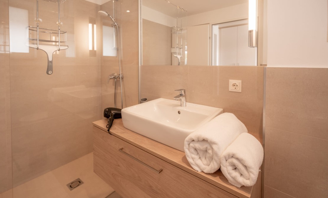 Modern bathroom with walk-in shower and high-quality furnishings